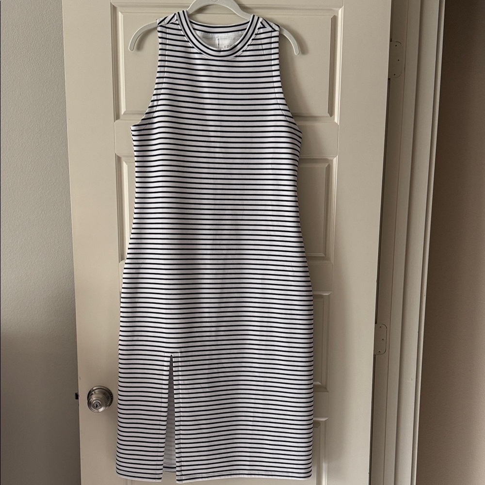 Elegant Black and White Striped Midi Dress